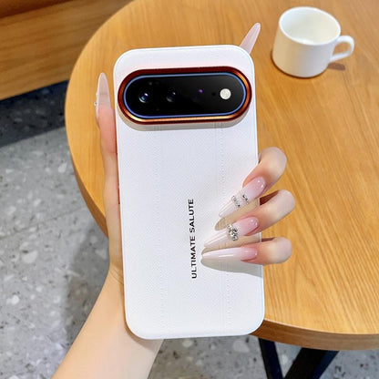 For Google Pixel 11 Pro XL Metal Camera Lens Frame Buttons Vegan Leather Phone Case(White)