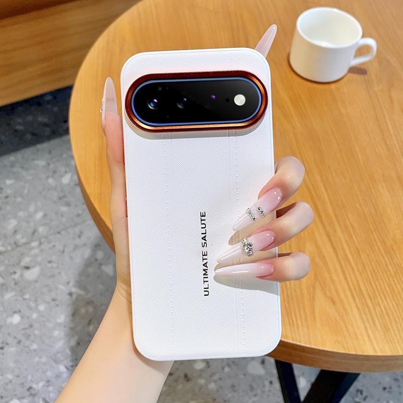 For Google Pixel 11 Pro XL Metal Camera Lens Frame Buttons Vegan Leather Phone Case - White - EDA009518609A
