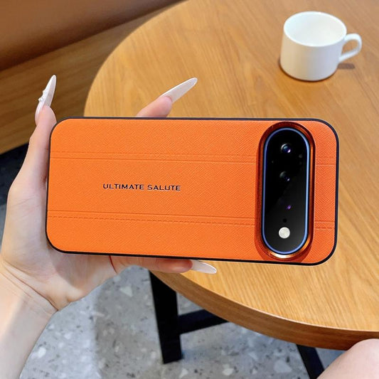 For Google Pixel 11 Pro XL Metal Camera Lens Frame Buttons Vegan Leather Phone Case(Orange)