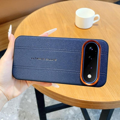 For Google Pixel 11 Pro XL Metal Camera Lens Frame Buttons Vegan Leather Phone Case(Blue)
