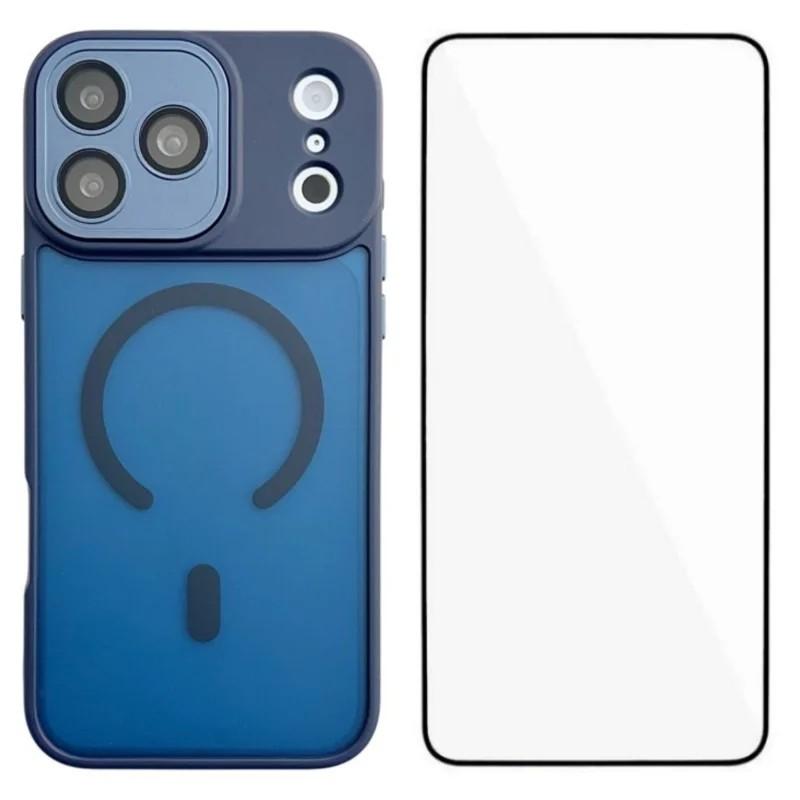 For iPhone 18 Pro Max WANLONFENG Skin-feel Magnetic PC Hybrid TPU Phone Case with Screen Protector - Blue - EDA009576418D