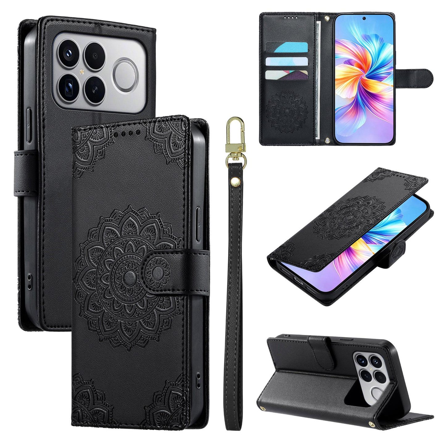 For Xiaomi Poco F8 Ultra / Redmi K90 Pro Max Totem Embossed Magnetic Closure Vegan Leather Phone Case with Strap(Black)