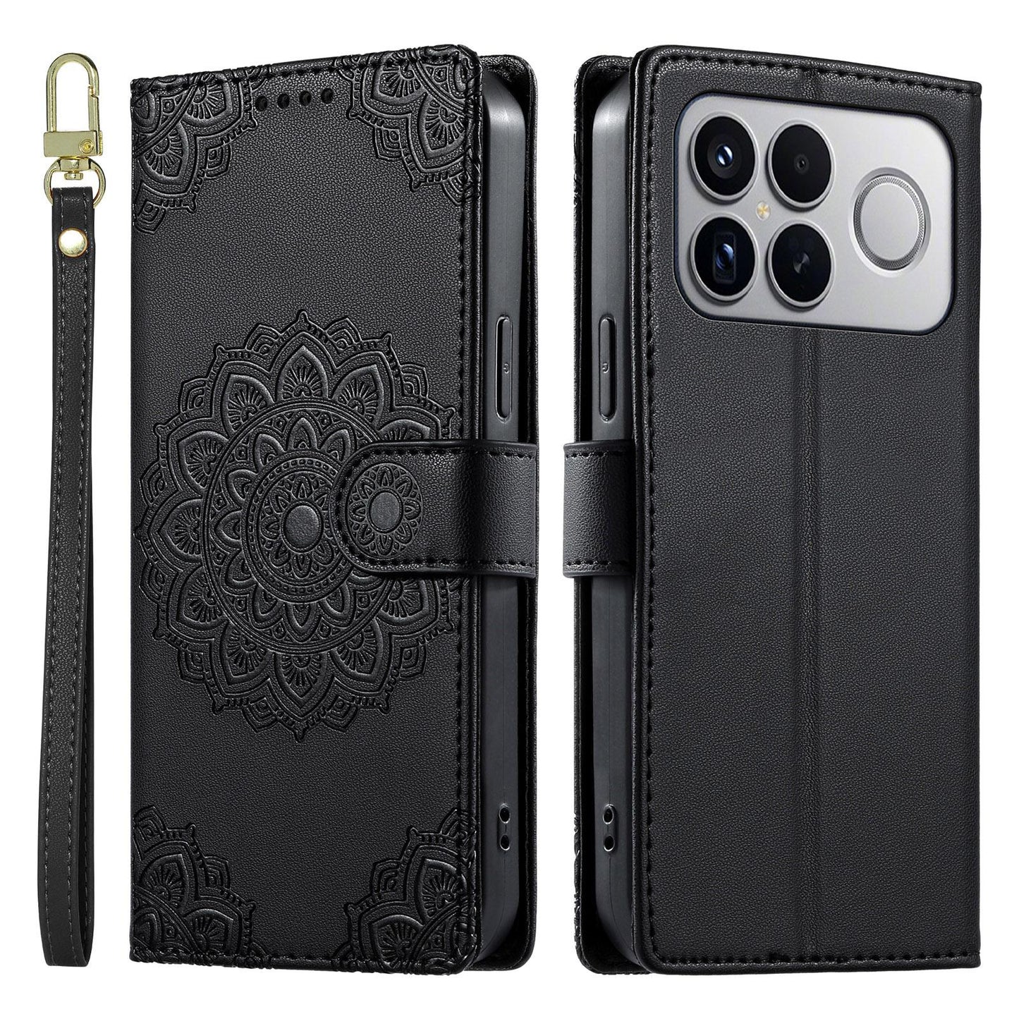 For Xiaomi Poco F8 Ultra / Redmi K90 Pro Max Totem Embossed Magnetic Closure Vegan Leather Phone Case with Strap(Black)