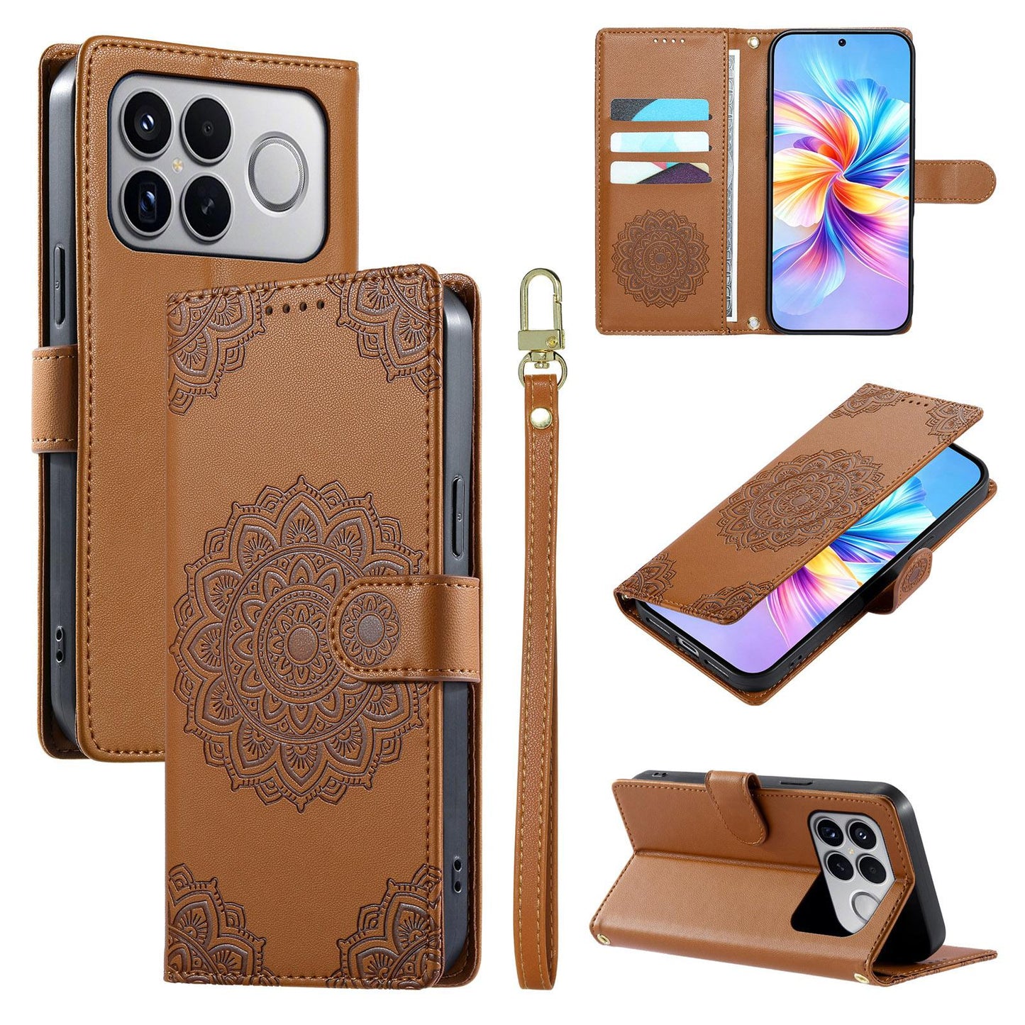 For Xiaomi Poco F8 Ultra / Redmi K90 Pro Max Totem Embossed Magnetic Closure Vegan Leather Phone Case with Strap(Brown)