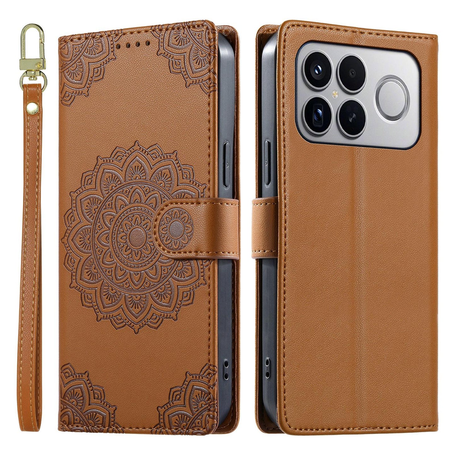 For Xiaomi Poco F8 Ultra / Redmi K90 Pro Max Totem Embossed Magnetic Closure Vegan Leather Phone Case with Strap(Brown)