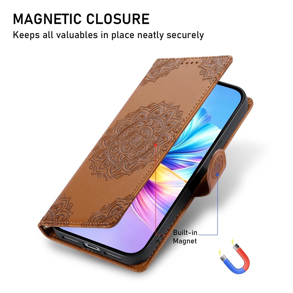 For Xiaomi Poco F8 Ultra / Redmi K90 Pro Max Totem Embossed Magnetic Closure Vegan Leather Phone Case with Strap(Brown)