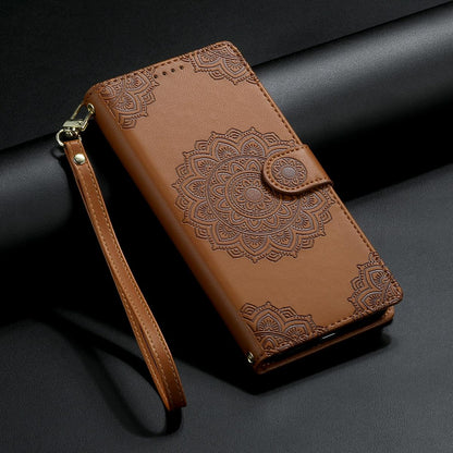 For Xiaomi Poco F8 Ultra / Redmi K90 Pro Max Totem Embossed Magnetic Closure Vegan Leather Phone Case with Strap(Brown)