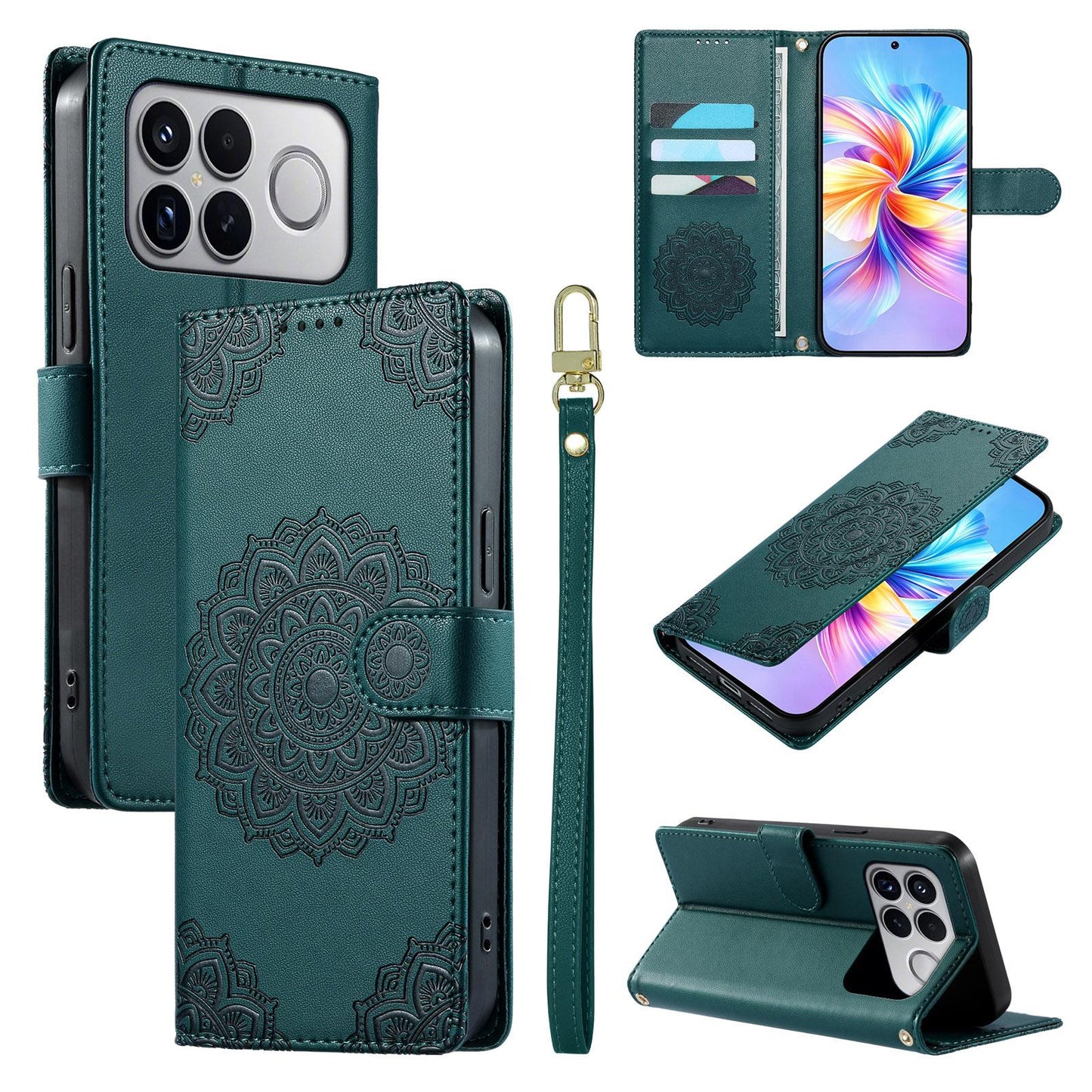For Xiaomi Poco F8 Ultra / Redmi K90 Pro Max Totem Embossed Magnetic Closure Vegan Leather Phone Case with Strap(Deep Green)