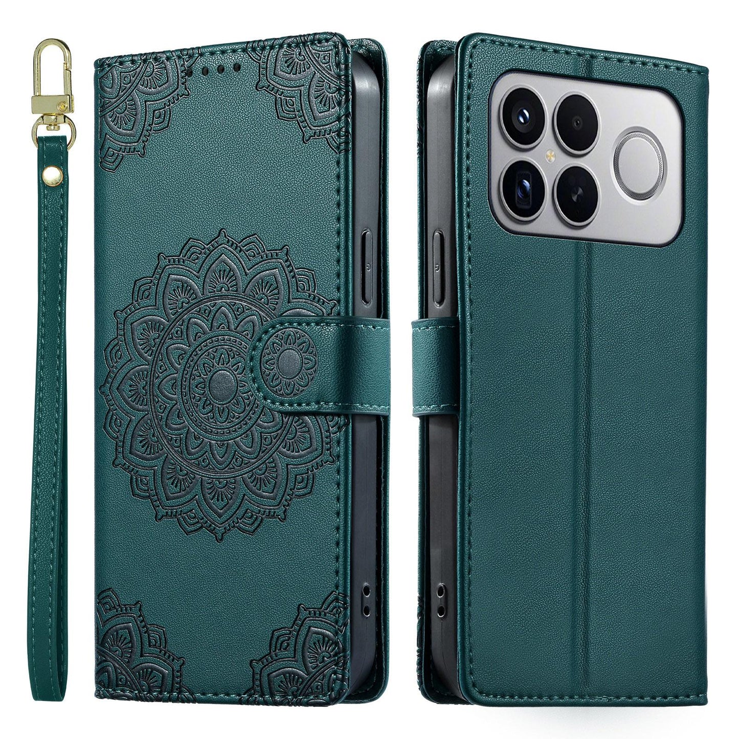 For Xiaomi Poco F8 Ultra / Redmi K90 Pro Max Totem Embossed Magnetic Closure Vegan Leather Phone Case with Strap(Deep Green)