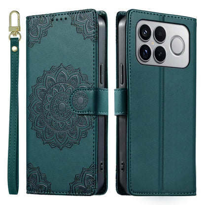 For Xiaomi Poco F8 Ultra / Redmi K90 Pro Max Totem Embossed Magnetic Closure Vegan Leather Phone Case with Strap(Deep Green)