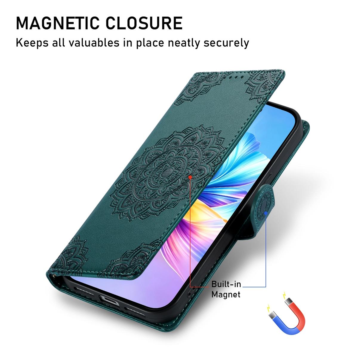 For Xiaomi Poco F8 Ultra / Redmi K90 Pro Max Totem Embossed Magnetic Closure Vegan Leather Phone Case with Strap(Deep Green)