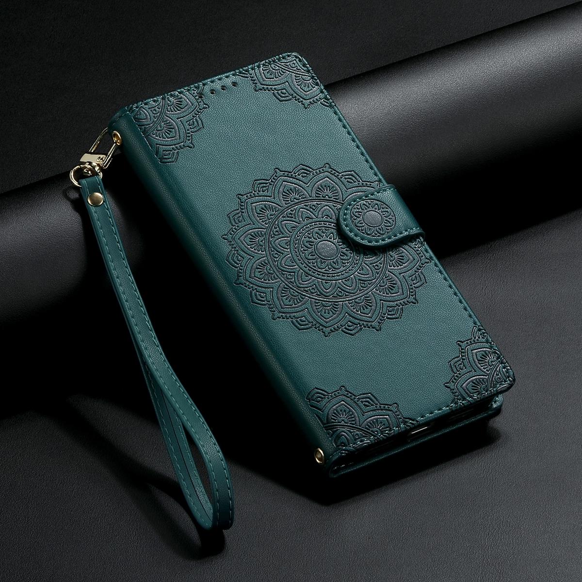 For Xiaomi Poco F8 Ultra / Redmi K90 Pro Max Totem Embossed Magnetic Closure Vegan Leather Phone Case with Strap(Deep Green)