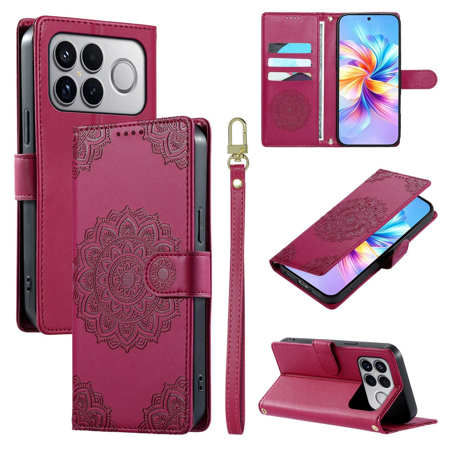 For Xiaomi Poco F8 Ultra / Redmi K90 Pro Max Totem Embossed Magnetic Closure Vegan Leather Phone Case with Strap(Rose Red)