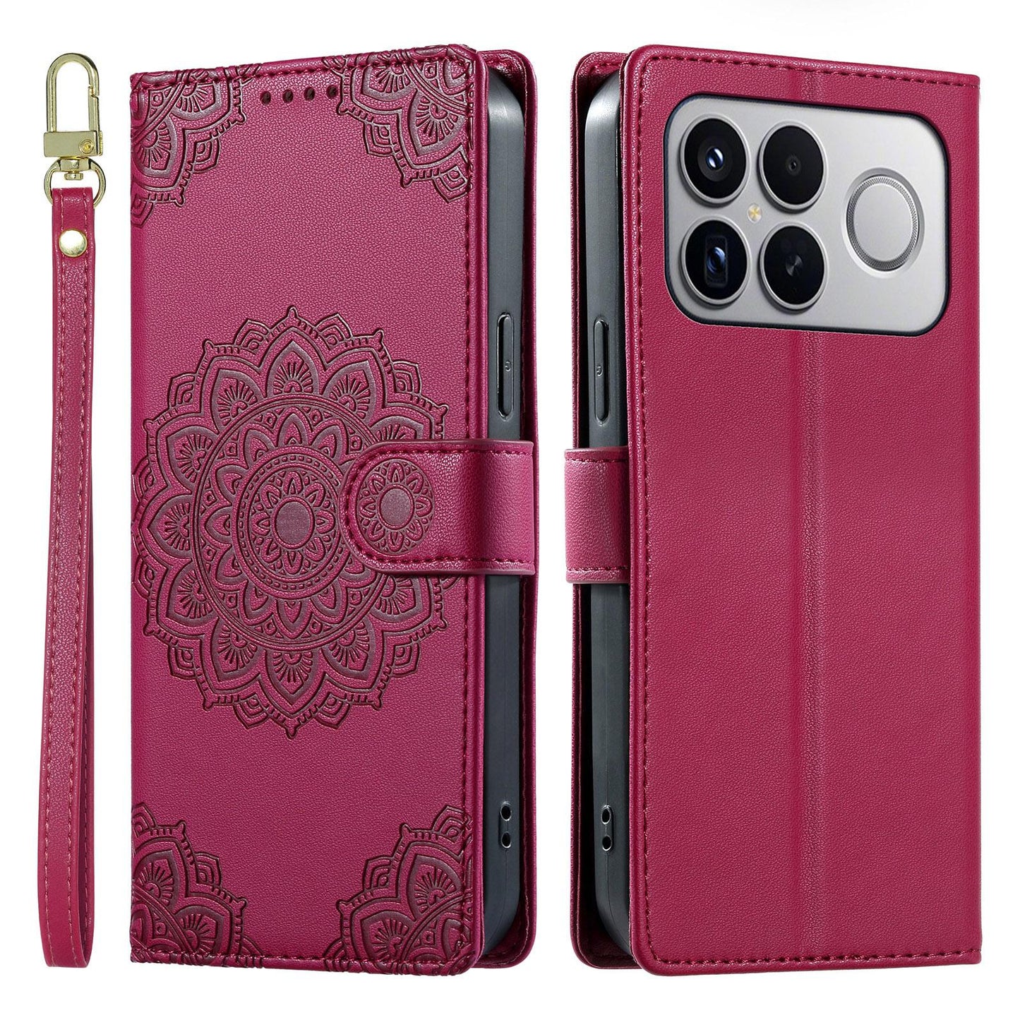 For Xiaomi Poco F8 Ultra / Redmi K90 Pro Max Totem Embossed Magnetic Closure Vegan Leather Phone Case with Strap(Rose Red)