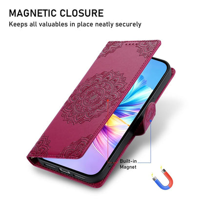 For Xiaomi Poco F8 Ultra / Redmi K90 Pro Max Totem Embossed Magnetic Closure Vegan Leather Phone Case with Strap(Rose Red)