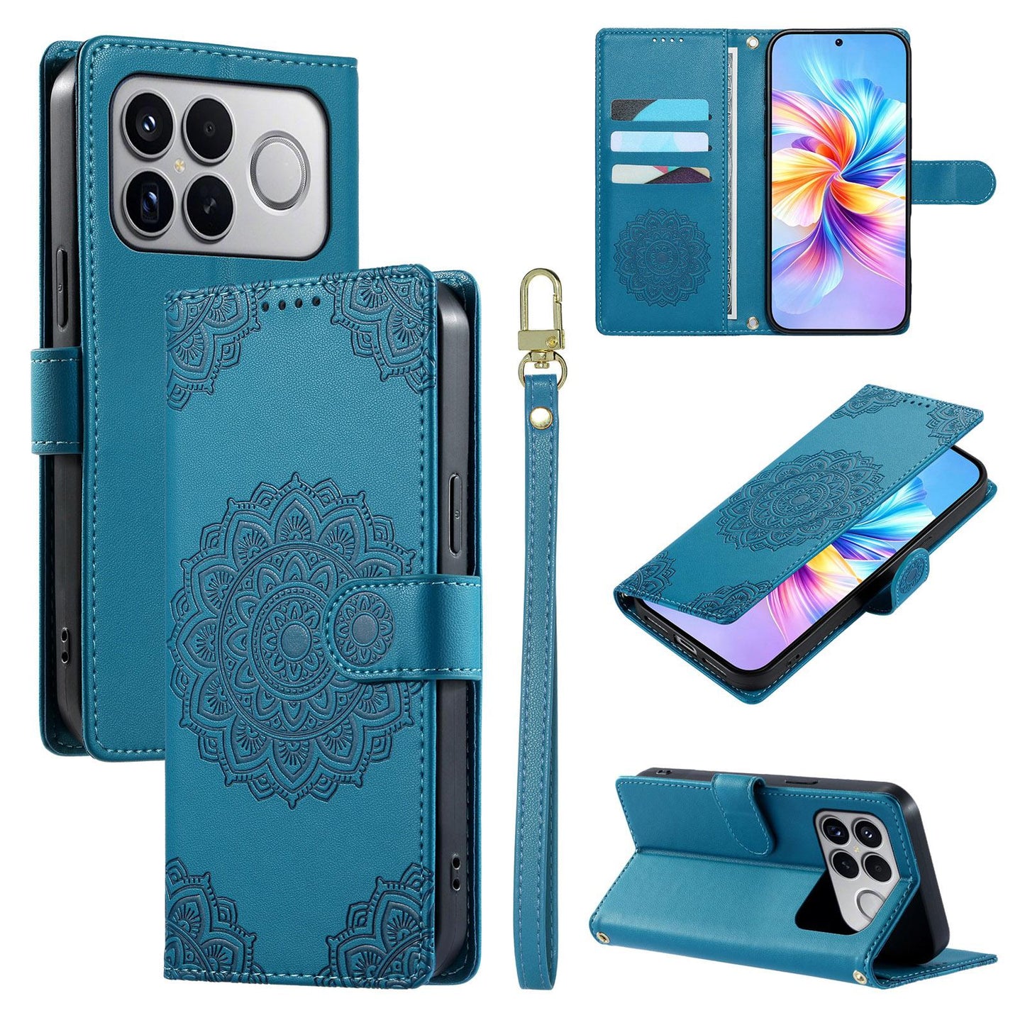For Xiaomi Poco F8 Ultra / Redmi K90 Pro Max Totem Embossed Magnetic Closure Vegan Leather Phone Case with Strap(Blue)