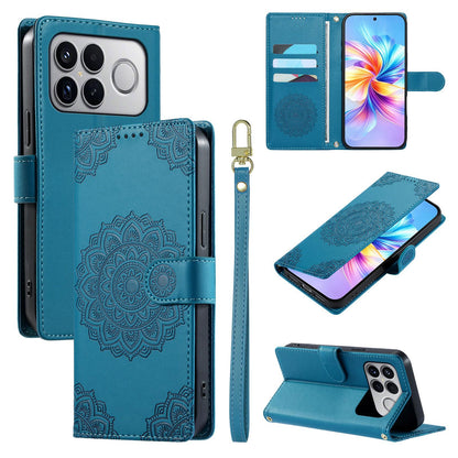 For Xiaomi Poco F8 Ultra / Redmi K90 Pro Max Totem Embossed Magnetic Closure Vegan Leather Phone Case with Strap(Blue)