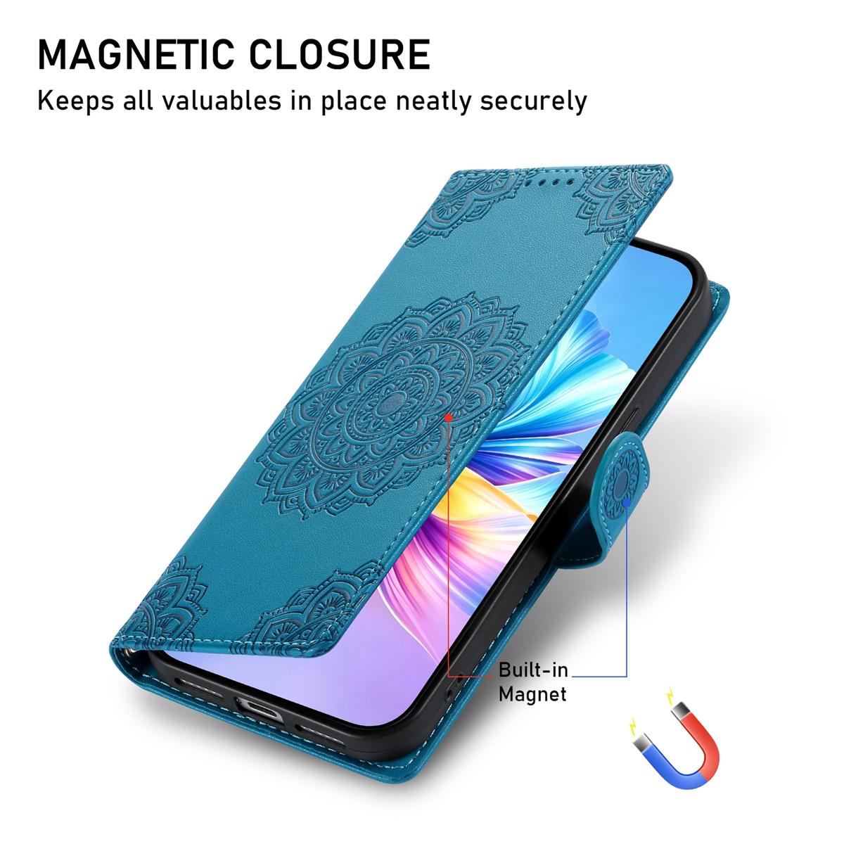 For Xiaomi Poco F8 Ultra / Redmi K90 Pro Max Totem Embossed Magnetic Closure Vegan Leather Phone Case with Strap(Blue)