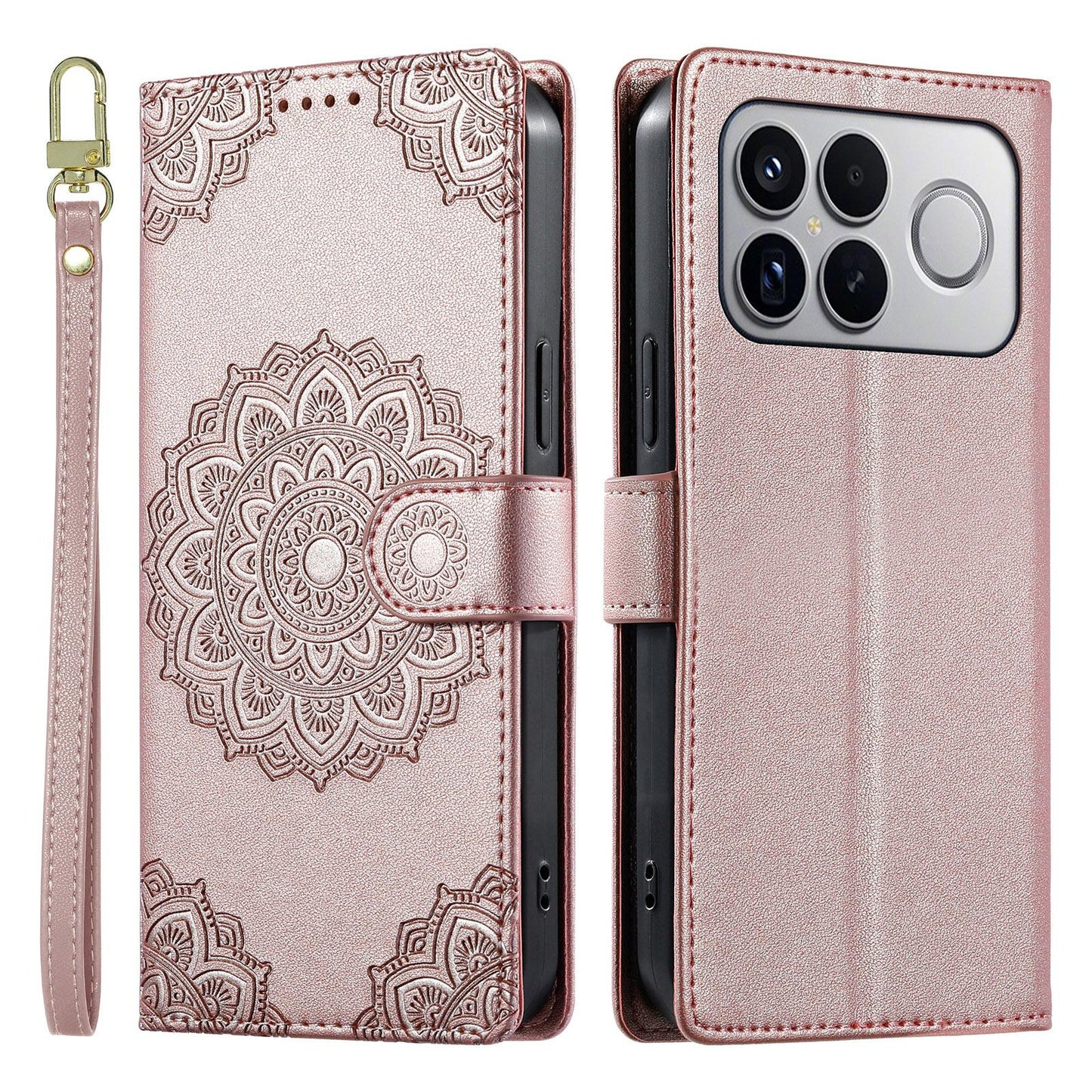 For Xiaomi Poco F8 Ultra / Redmi K90 Pro Max Totem Embossed Magnetic Closure Vegan Leather Phone Case with Strap(Pink)