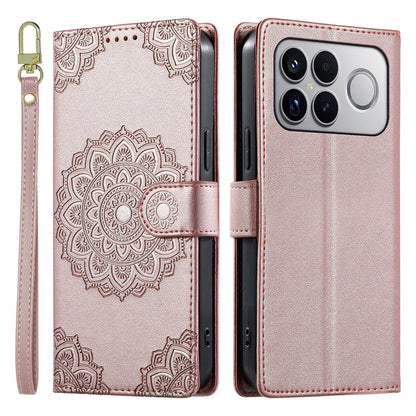 For Xiaomi Poco F8 Ultra / Redmi K90 Pro Max Totem Embossed Magnetic Closure Vegan Leather Phone Case with Strap(Pink)