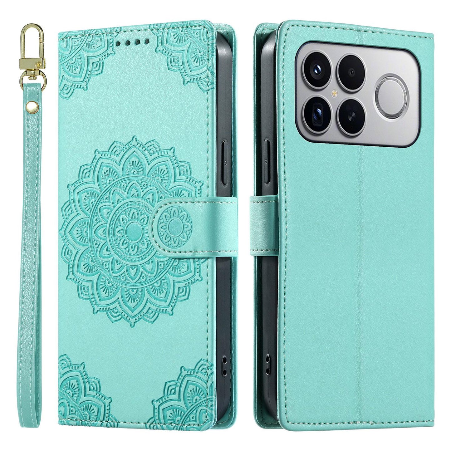 For Xiaomi Poco F8 Ultra / Redmi K90 Pro Max Totem Embossed Magnetic Closure Vegan Leather Phone Case with Strap(Light Green)