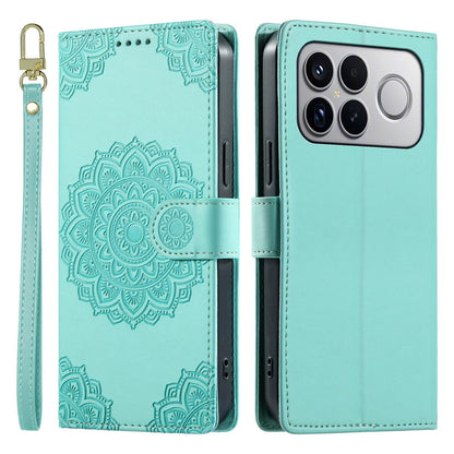For Xiaomi Poco F8 Ultra / Redmi K90 Pro Max Totem Embossed Magnetic Closure Vegan Leather Phone Case with Strap(Light Green)