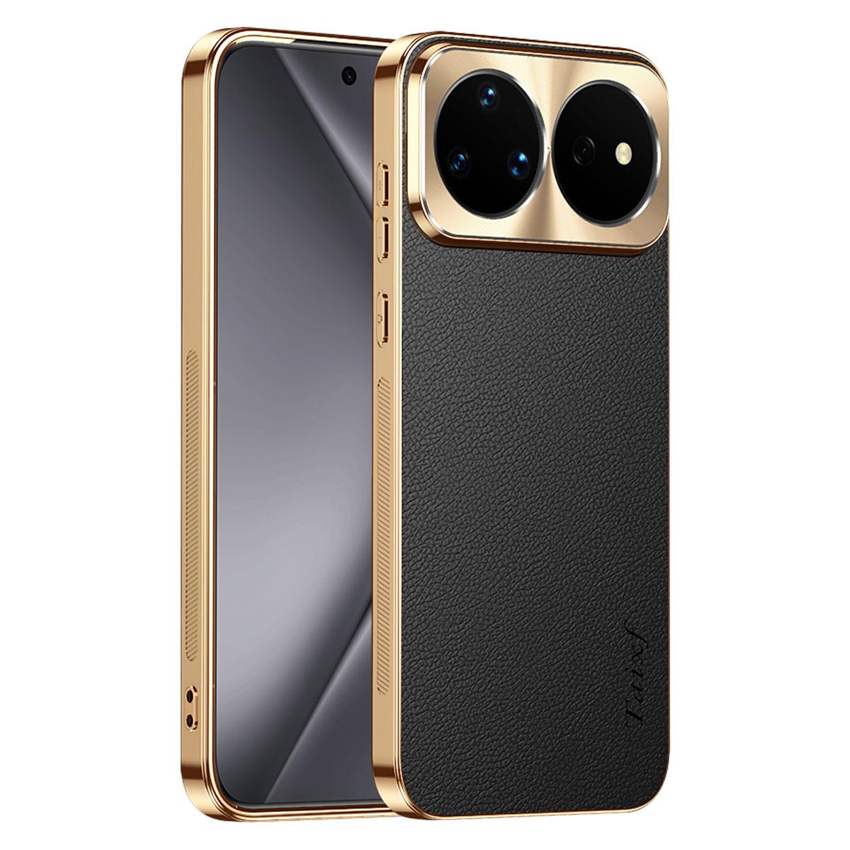 For Huawei nova 16 Ultra Electroplated Frame Litchi Texture PC + TPU Vegan Leather Phone Case - Black - EDA009620619A