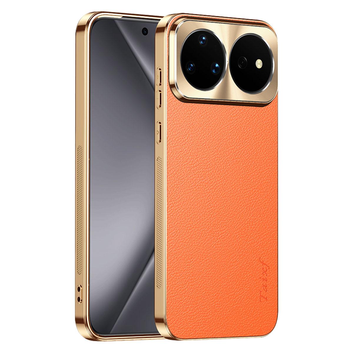 For Huawei nova 16 Ultra Electroplated Frame Litchi Texture PC + TPU Vegan Leather Phone Case - Orange - EDA009620619B