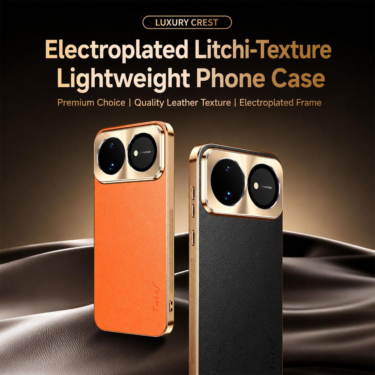 For Huawei nova 16 Ultra Electroplated Frame Litchi Texture PC + TPU Vegan Leather Phone Case - Orange - EDA009620619B