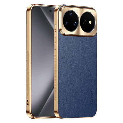 For Huawei nova 16 Ultra Electroplated Frame Litchi Texture PC + TPU Vegan Leather Phone Case - Blue - EDA009620619C