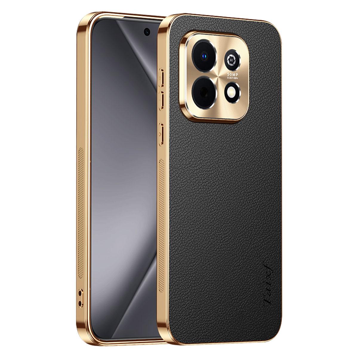 For Huawei Enjoy 90 Plus Electroplated Frame Litchi Texture PC + TPU Vegan Leather Phone Case - Black - EDA009620621A