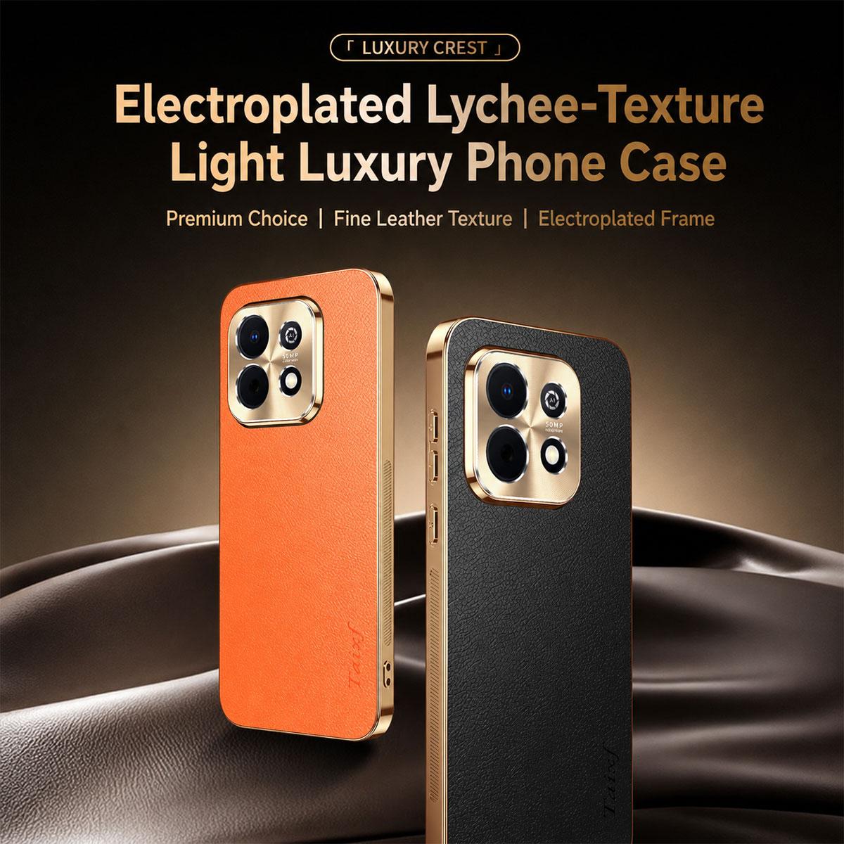 For Huawei Enjoy 90 Plus Electroplated Frame Litchi Texture PC + TPU Vegan Leather Phone Case - Orange - EDA009620621B