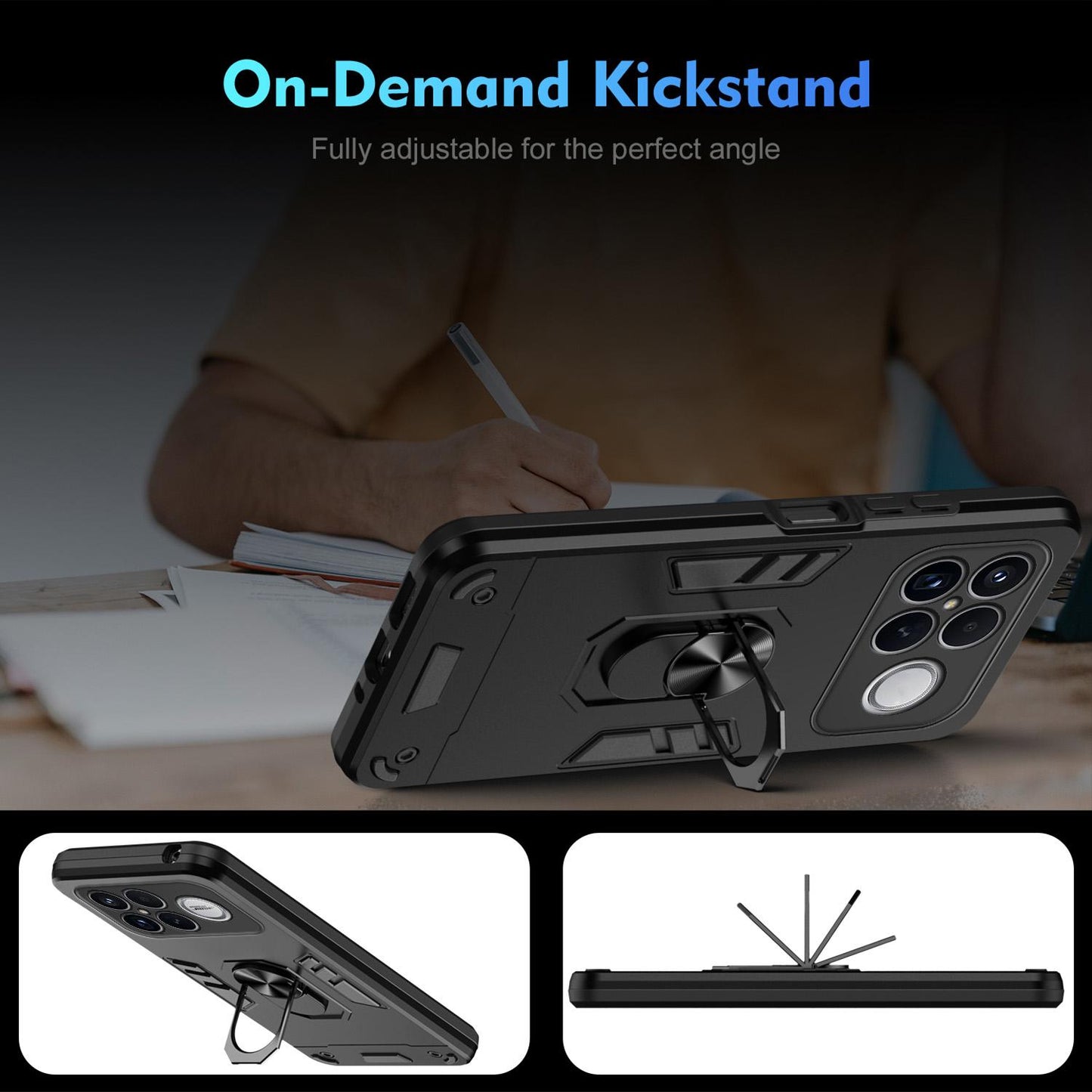 For Redmi K90 Pro Max / Poco F8 Ultra WANLONFENG Armor Kickstand Shockproof Phone Case with 2pcs Screen Films(Black)