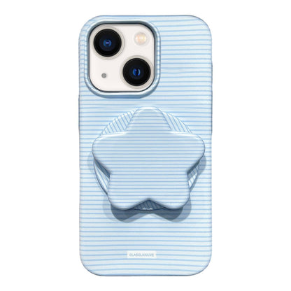 For iPhone 13 Macaron Striped Full Coverage PC Phone Case with Star Holder - Blue - EDA009657619C