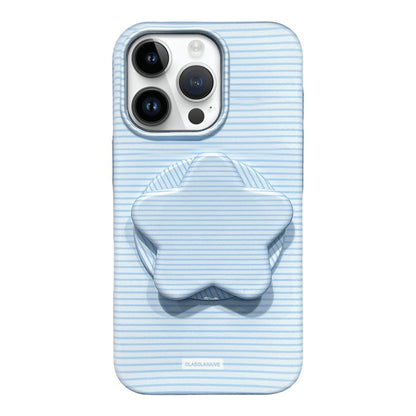 For iPhone 12 Pro Max Macaron Striped Full Coverage PC Phone Case with Star Holder - Blue - EDA009657621C