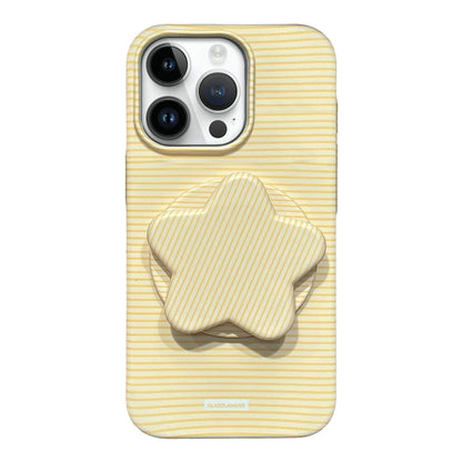 For iPhone 12 Pro Macaron Striped Full Coverage PC Phone Case with Star Holder - Yellow - EDA009657622E