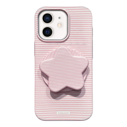 For iPhone 11 Macaron Striped Full Coverage PC Phone Case with Star Holder - Pink - EDA009657625B