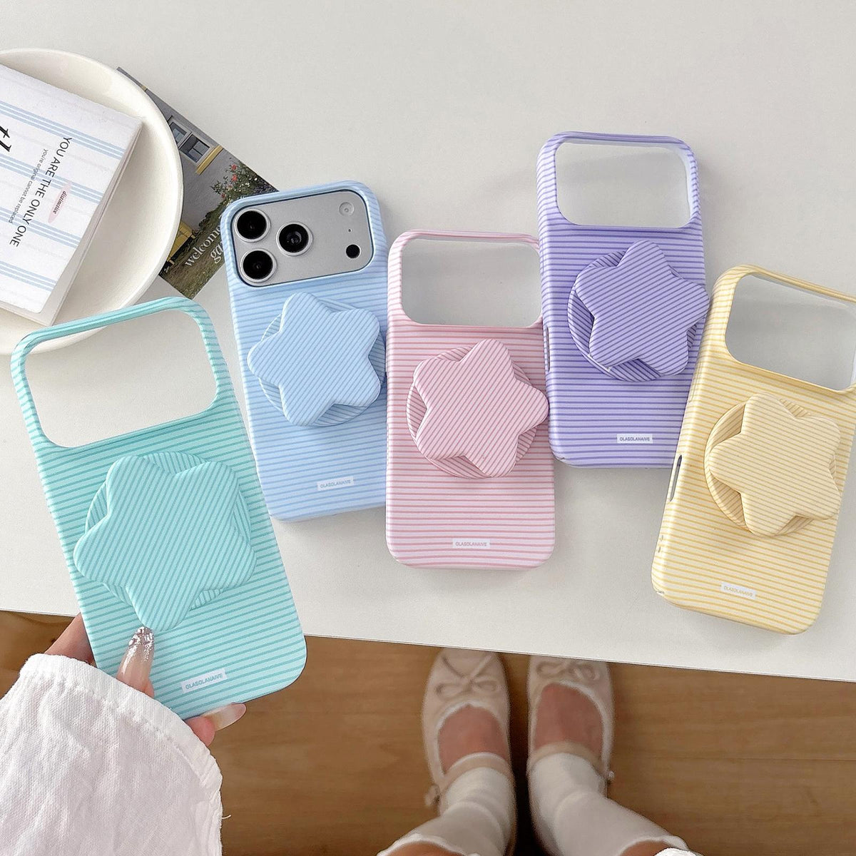 For iPhone 11 Macaron Striped Full Coverage PC Phone Case with Star Holder - Yellow - EDA009657625E