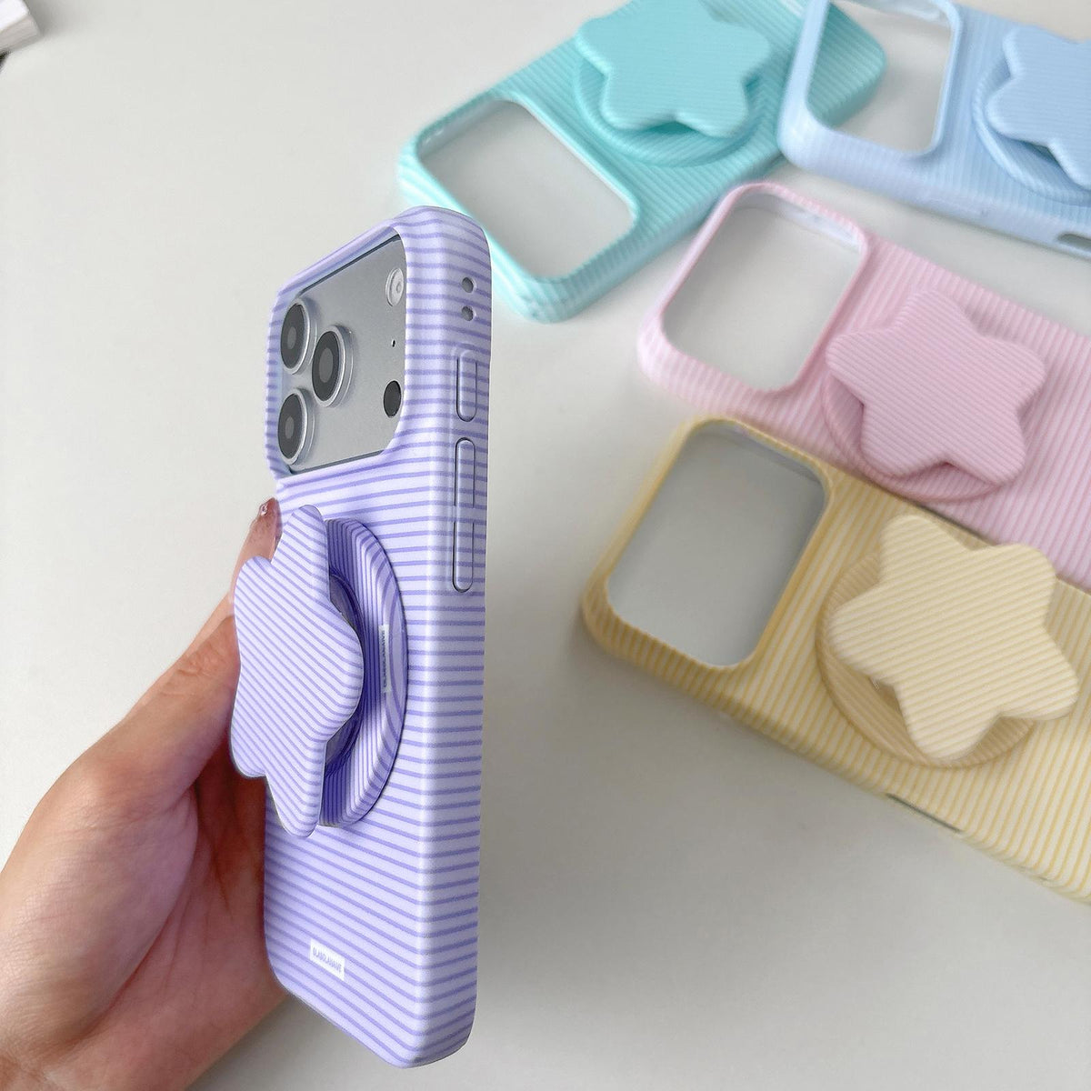 For iPhone 11 Macaron Striped Full Coverage PC Phone Case with Star Holder - Yellow - EDA009657625E