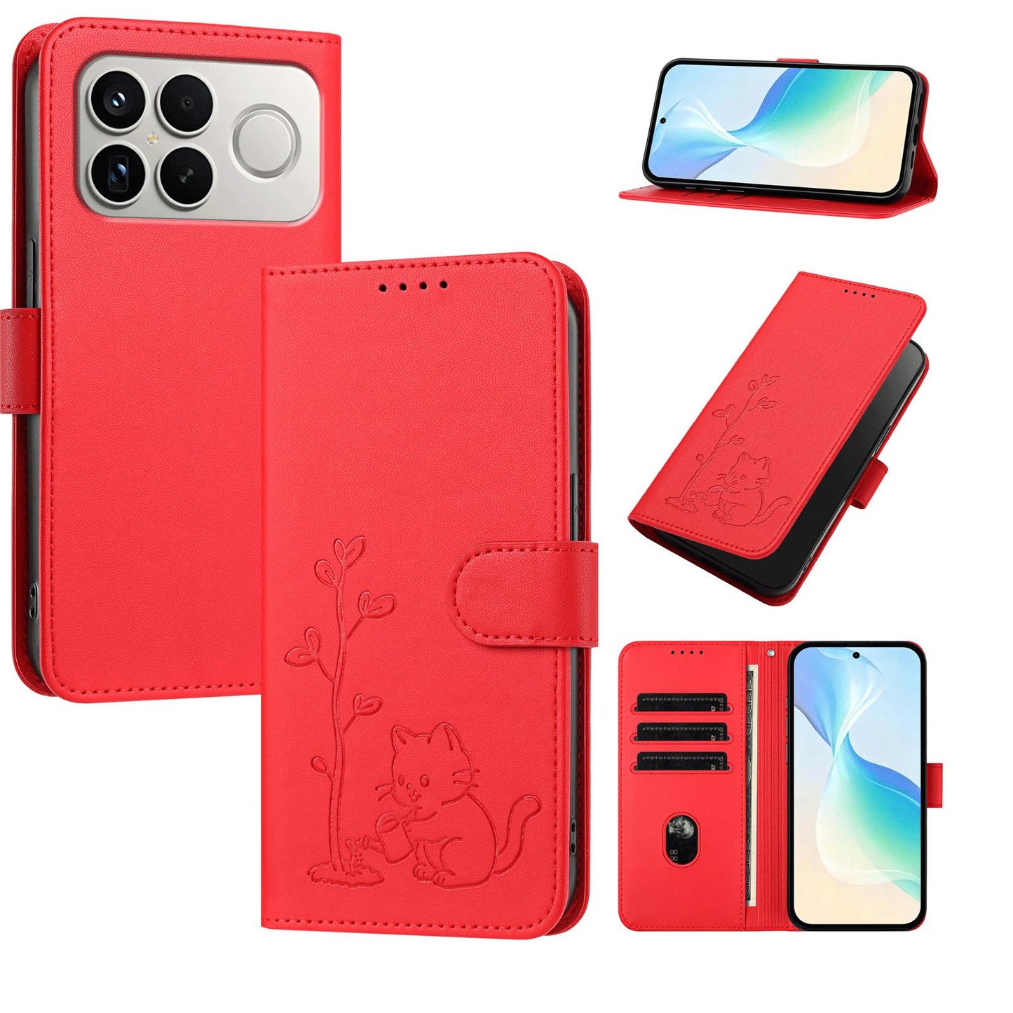 For Xiaomi Poco F8 Ultra 5G / Redmi K90 Pro Max YX0014 Cat Watering Tree Buckle Vegan Leather Phone Case with Lanyard(Red)
