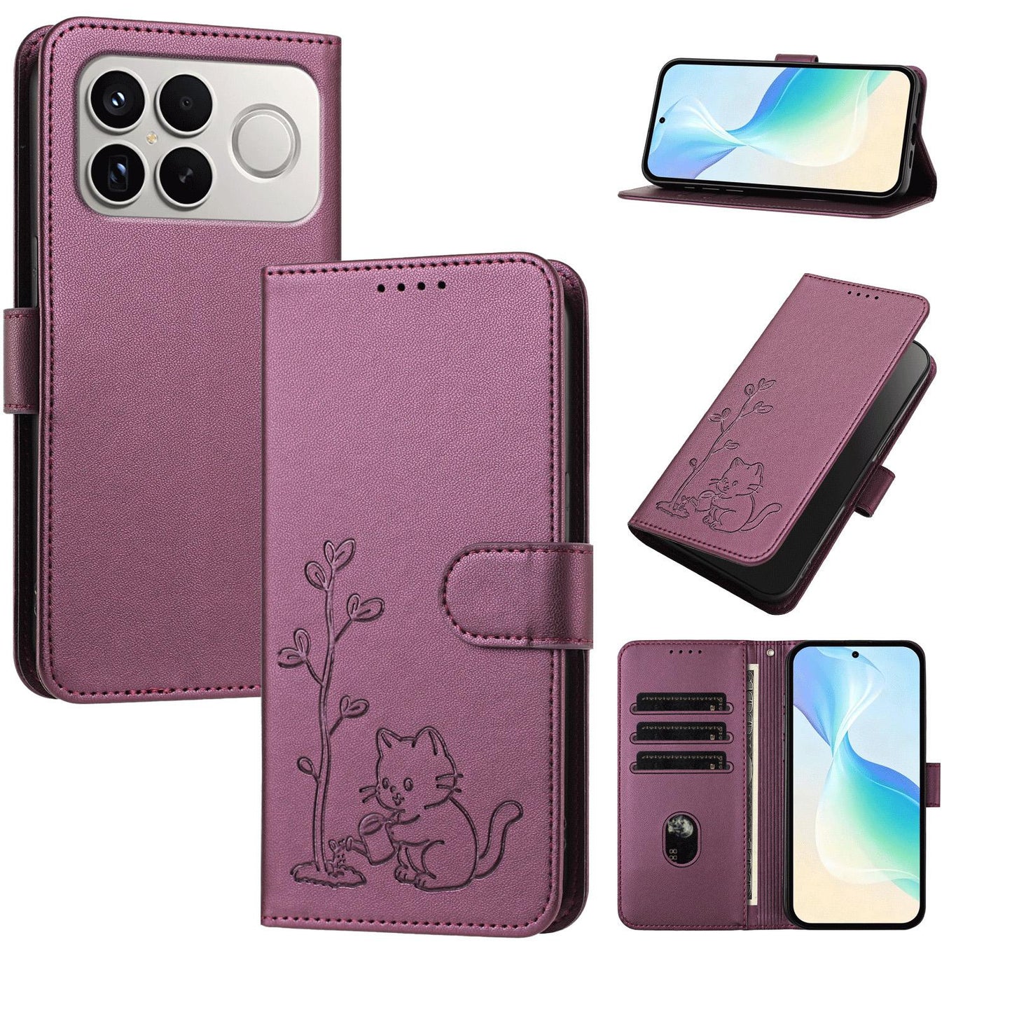 For Xiaomi Poco F8 Ultra 5G / Redmi K90 Pro Max YX0014 Cat Watering Tree Buckle Vegan Leather Phone Case with Lanyard(Purple)