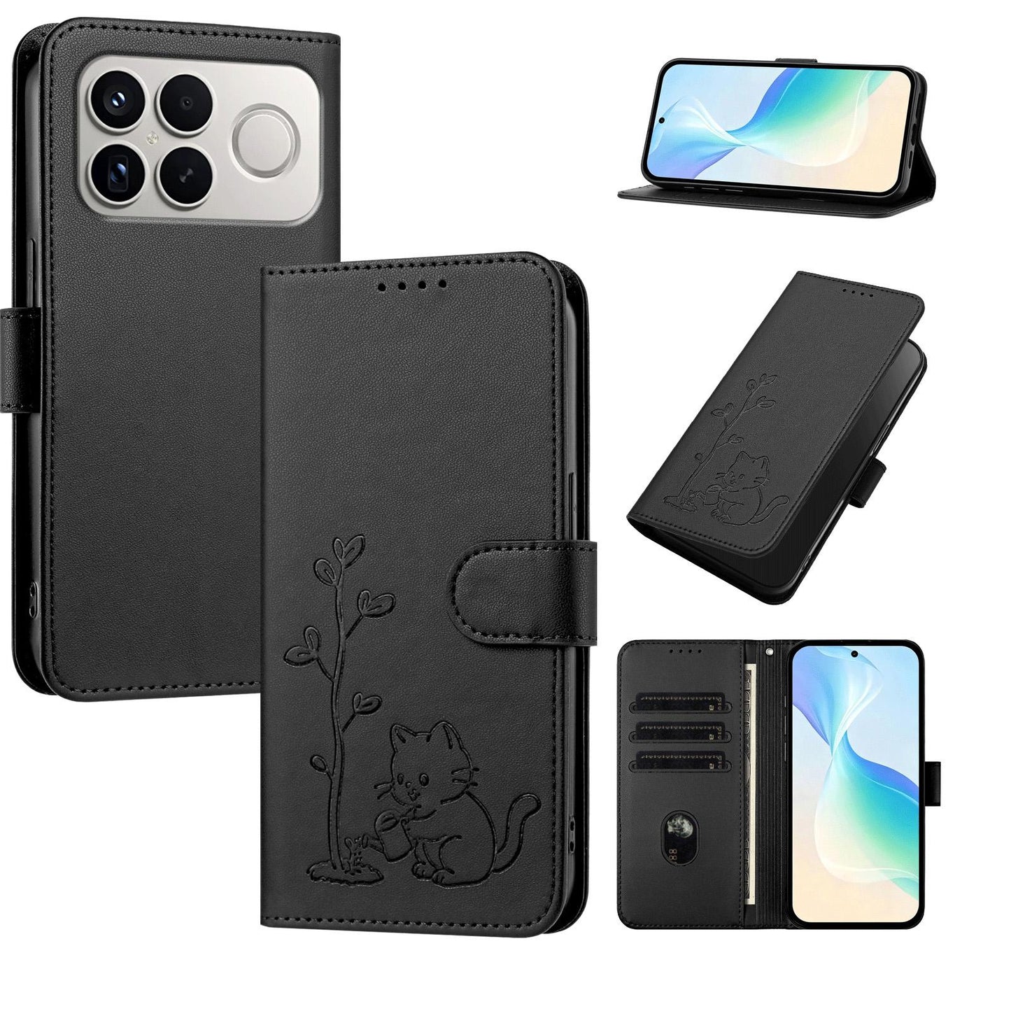 For Xiaomi Poco F8 Ultra 5G / Redmi K90 Pro Max YX0014 Cat Watering Tree Buckle Vegan Leather Phone Case with Lanyard(Black)