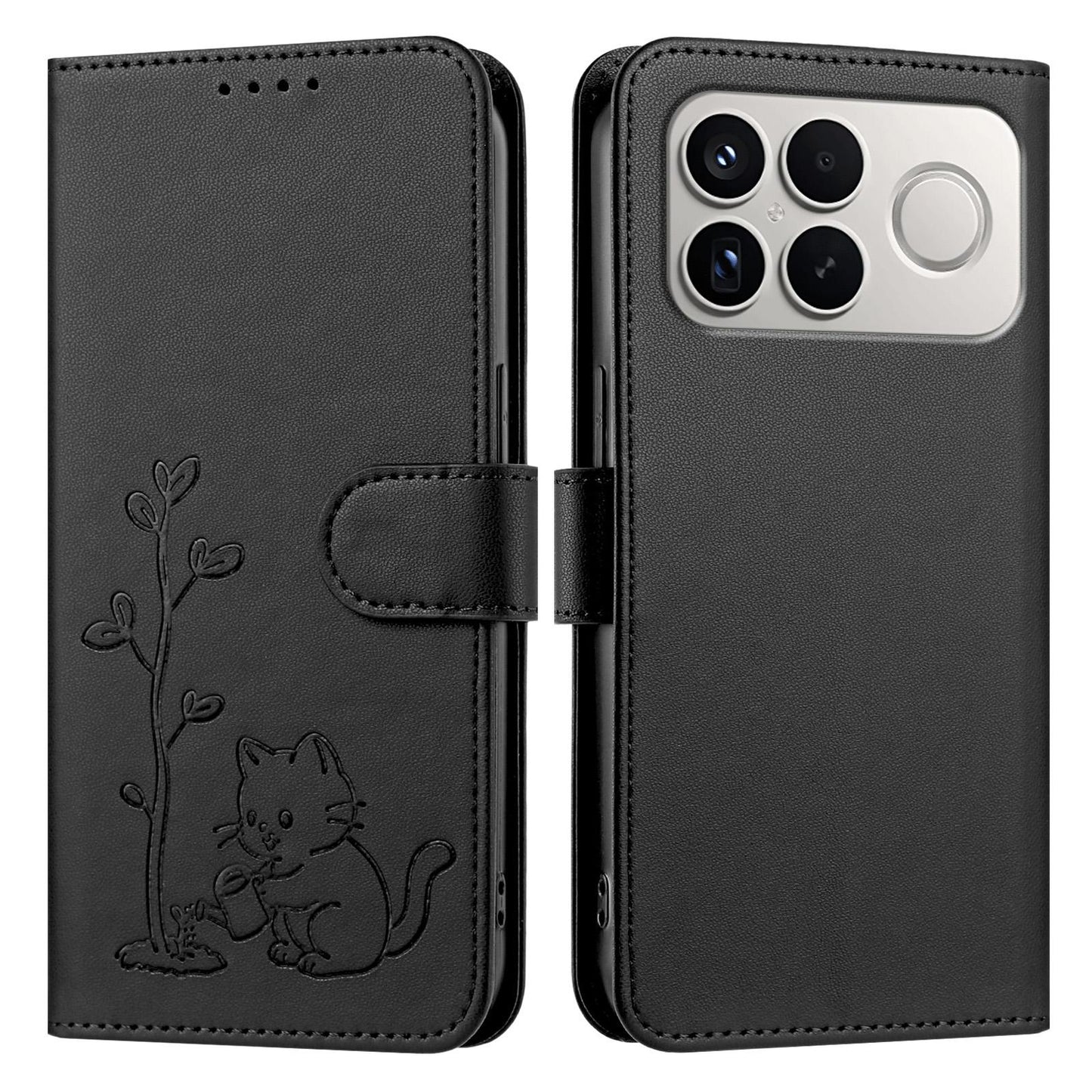 For Xiaomi Poco F8 Ultra 5G / Redmi K90 Pro Max YX0014 Cat Watering Tree Buckle Vegan Leather Phone Case with Lanyard(Black)