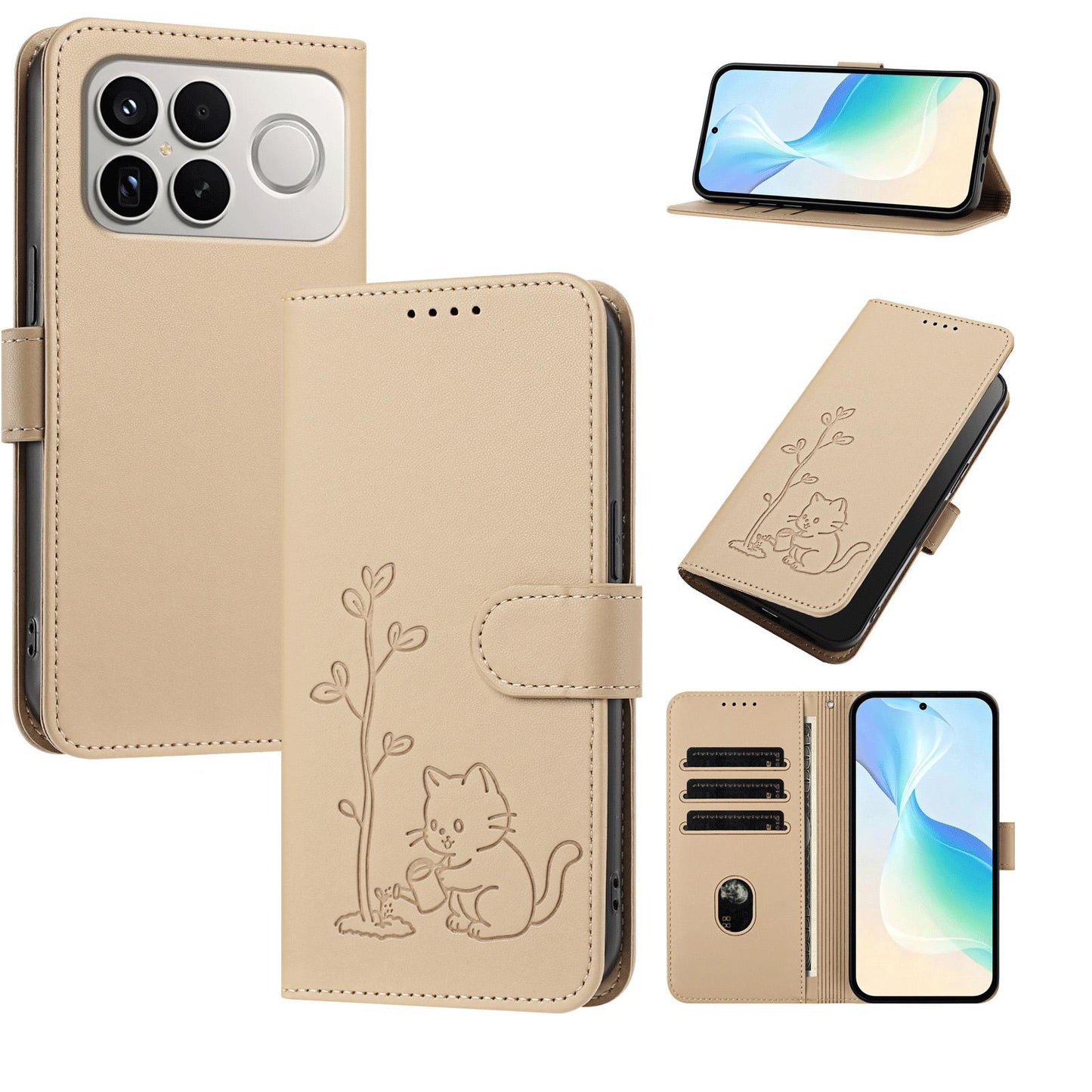 For Xiaomi Poco F8 Ultra 5G / Redmi K90 Pro Max YX0014 Cat Watering Tree Buckle Vegan Leather Phone Case with Lanyard(Gold)