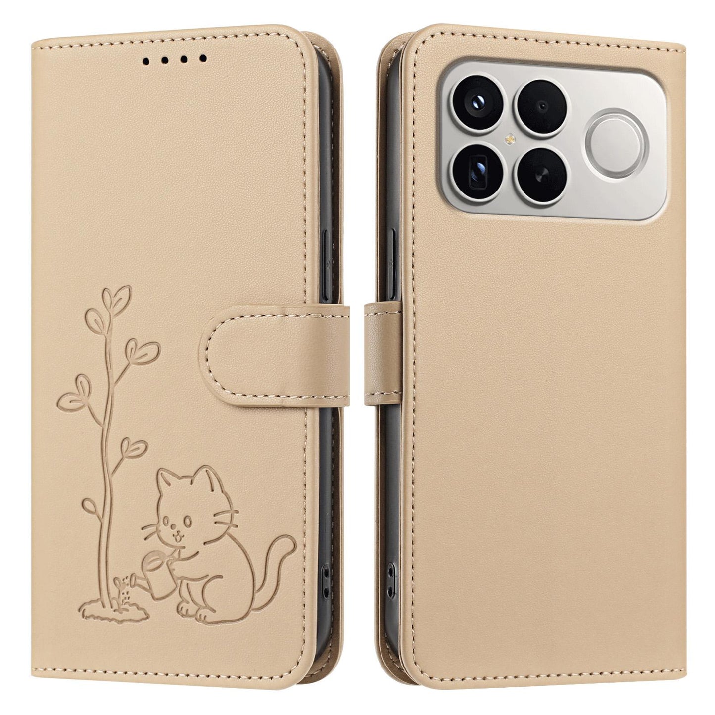 For Xiaomi Poco F8 Ultra 5G / Redmi K90 Pro Max YX0014 Cat Watering Tree Buckle Vegan Leather Phone Case with Lanyard(Gold)
