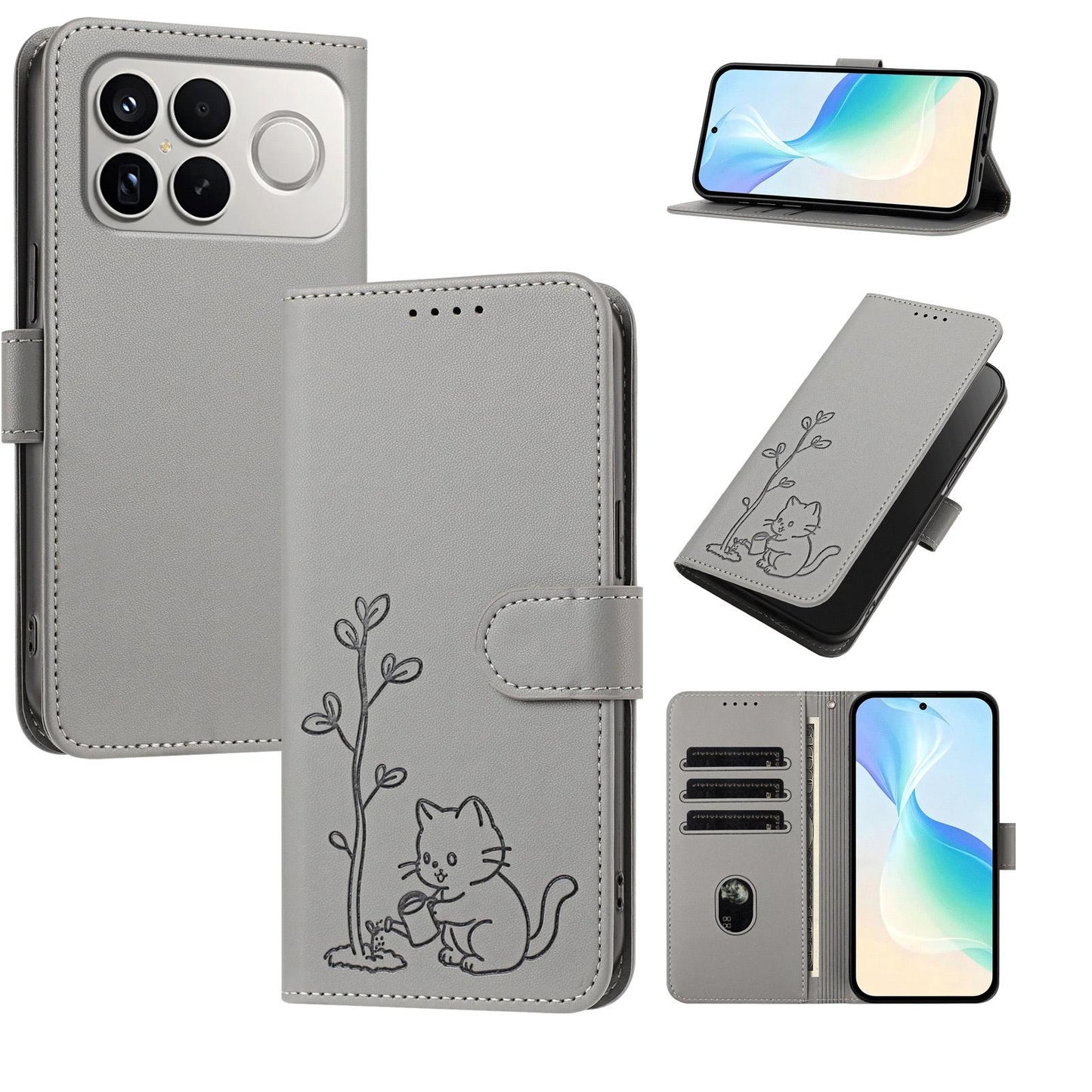 For Xiaomi Poco F8 Ultra 5G / Redmi K90 Pro Max YX0014 Cat Watering Tree Buckle Vegan Leather Phone Case with Lanyard(Grey)