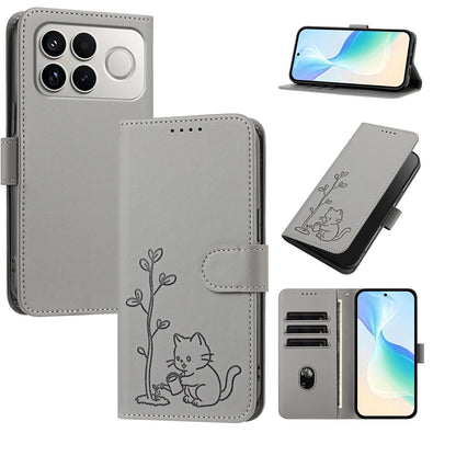 For Xiaomi Poco F8 Ultra 5G / Redmi K90 Pro Max YX0014 Cat Watering Tree Buckle Vegan Leather Phone Case with Lanyard(Grey)