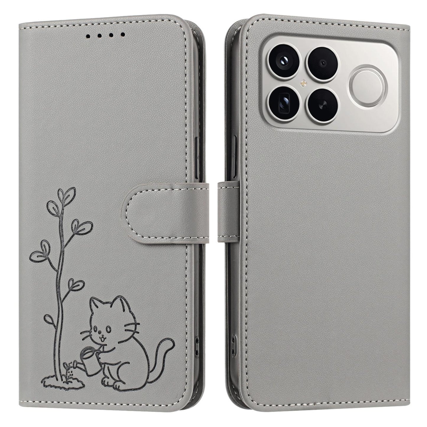 For Xiaomi Poco F8 Ultra 5G / Redmi K90 Pro Max YX0014 Cat Watering Tree Buckle Vegan Leather Phone Case with Lanyard(Grey)
