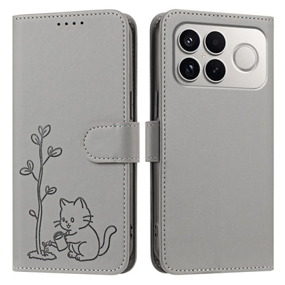 For Xiaomi Poco F8 Ultra 5G / Redmi K90 Pro Max YX0014 Cat Watering Tree Buckle Vegan Leather Phone Case with Lanyard(Grey)