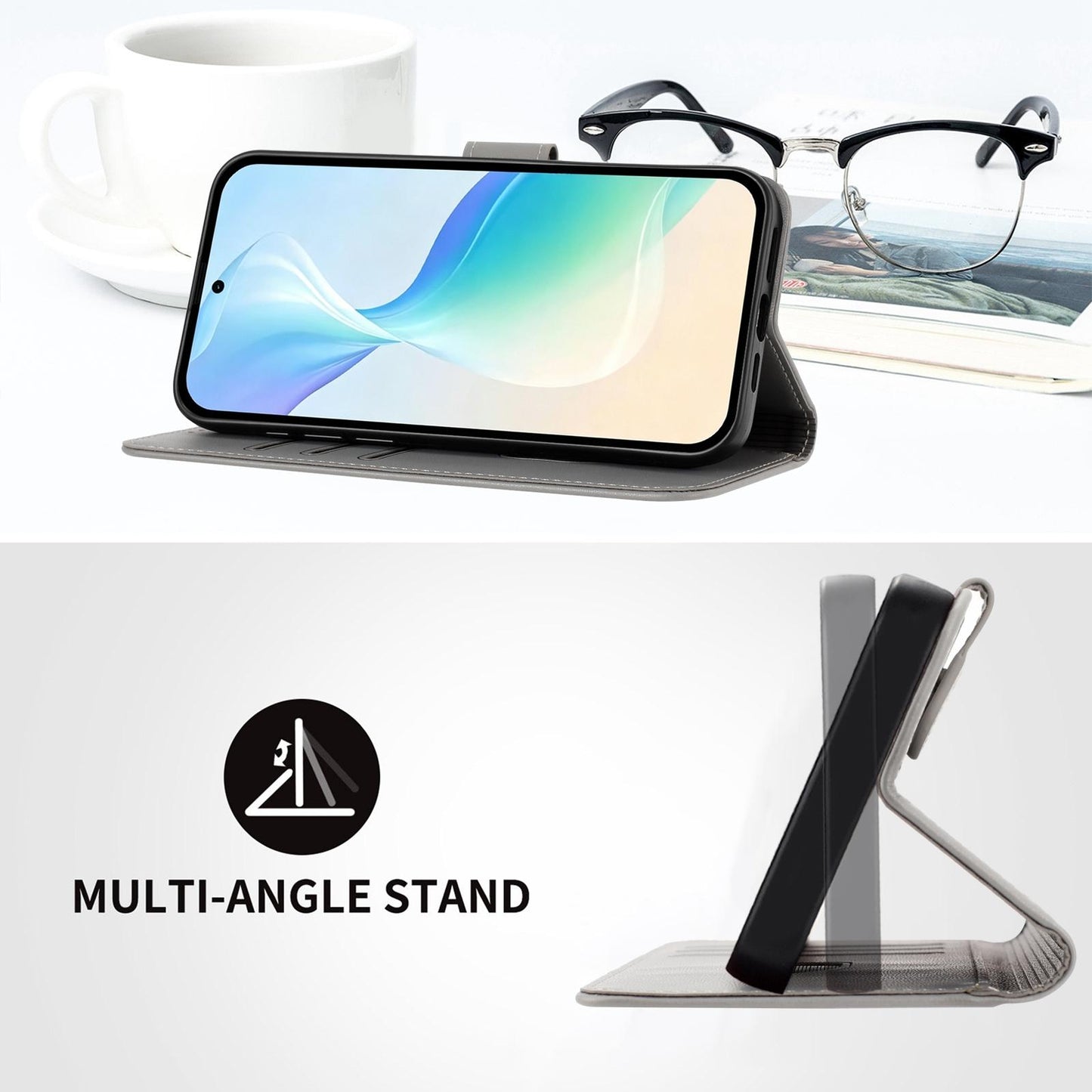 For Xiaomi Poco F8 Ultra 5G / Redmi K90 Pro Max YX0014 Cat Watering Tree Buckle Vegan Leather Phone Case with Lanyard(Grey)